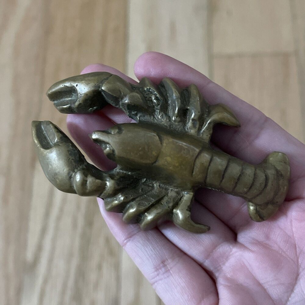 Vintage Solid Brass Lobster Figurine Heavy 3 1/8” Small Nautical Paperweight